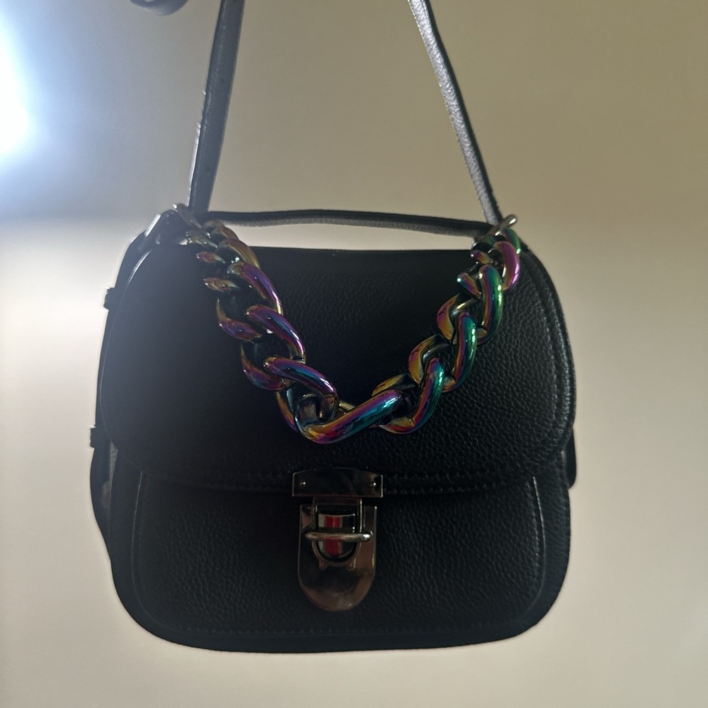 Black vegan leather Shoulder Bag with Multicolor Chain